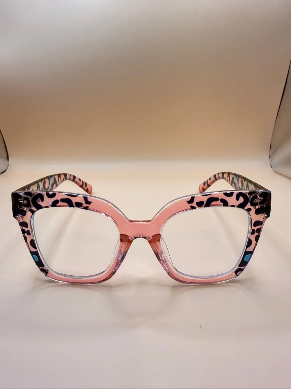 Zeelool Pink Leopard Square Frame Glasses, No prescription